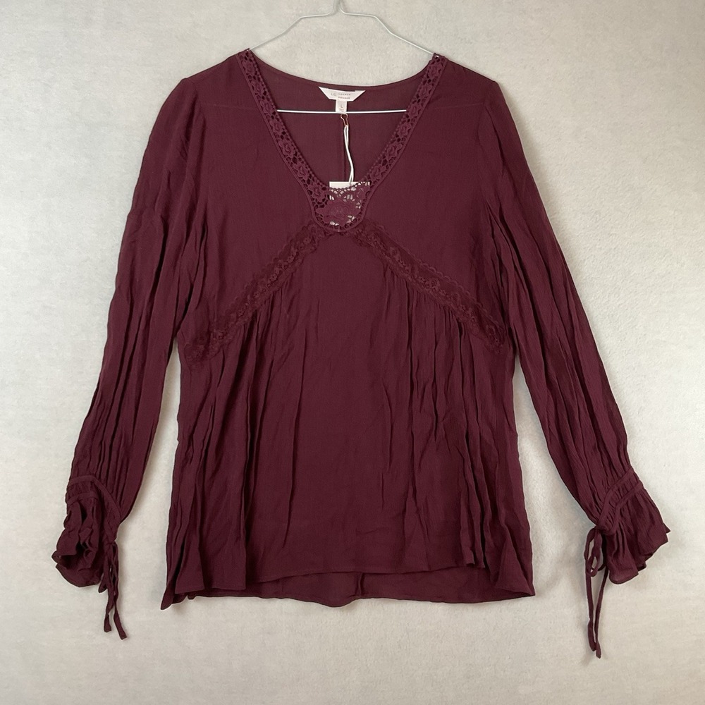 LC Lauren Conrad Top Womens L Burgundy Wine Boho Lace Ruffle Cuffs Large NEW